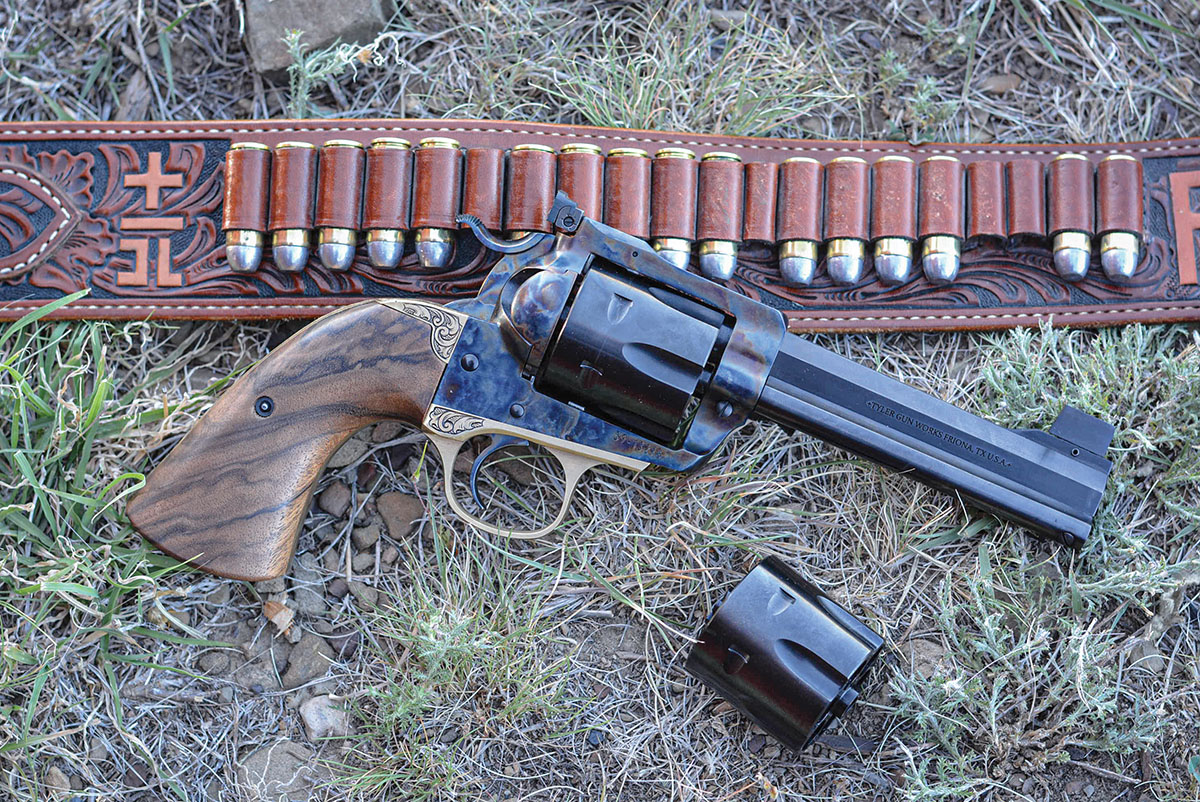 The Tyler Gun Works Brasshawk 45 Colt/45 ACP convertible is based on the Ruger New Model Blackhawk, but boasts many custom features. Production is limited.